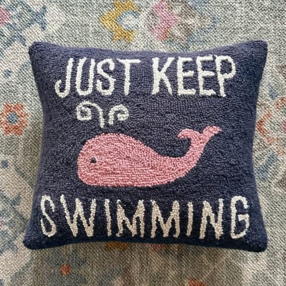 just keep swimming tufted pillow